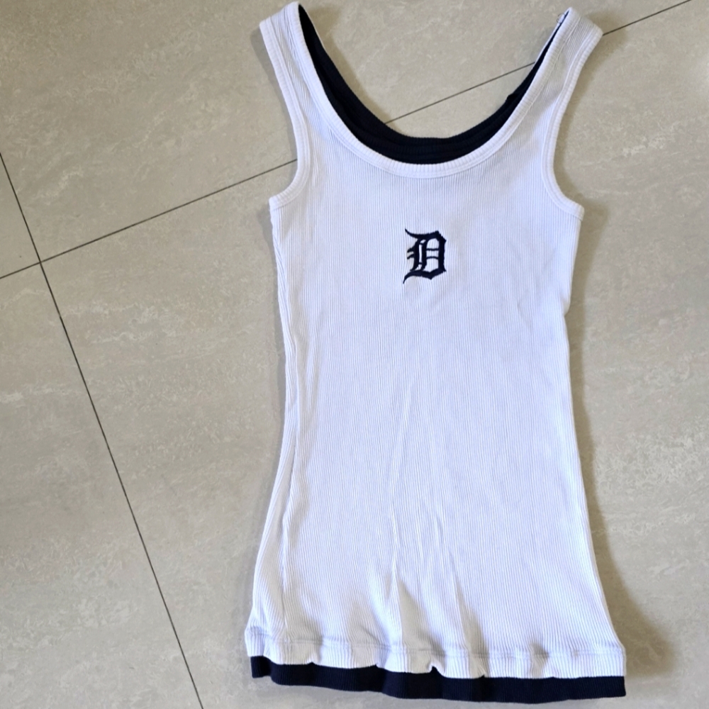 MLB White Ribbed Tank with Black Trim and Detroit 'D' Logo